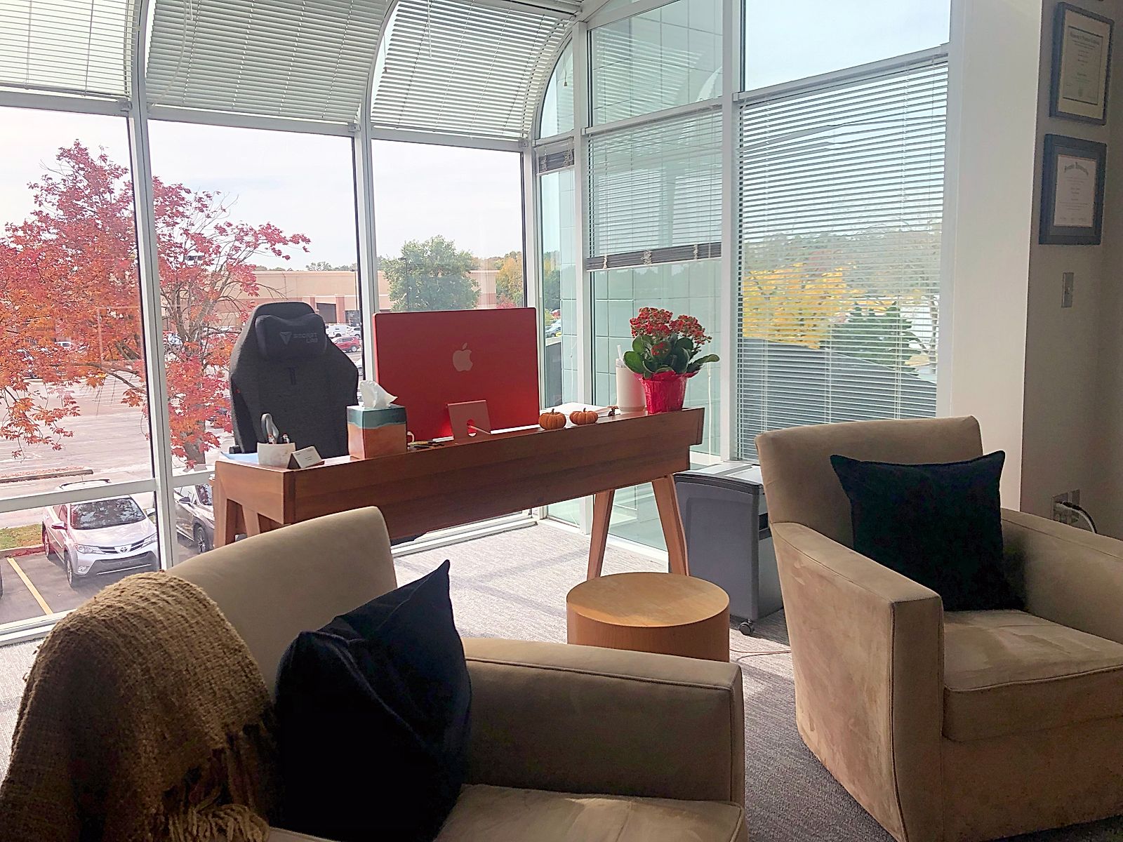 A view of our session room and our office.